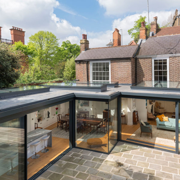 SL800 slimline aluminium sliding doors, fixed windows and rooflights for refurshment and extension in London