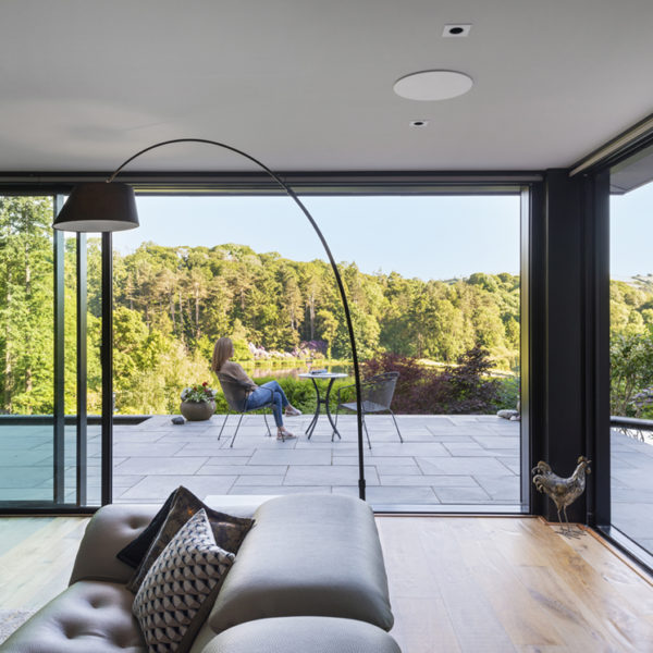 Inside-out view of minimal frame sliding glass doors