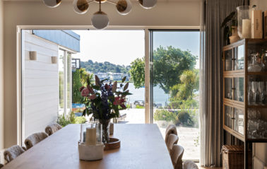 Dining room with glass patio doors