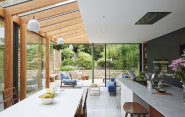 Interior of side return extension with fill height glass sliding doors