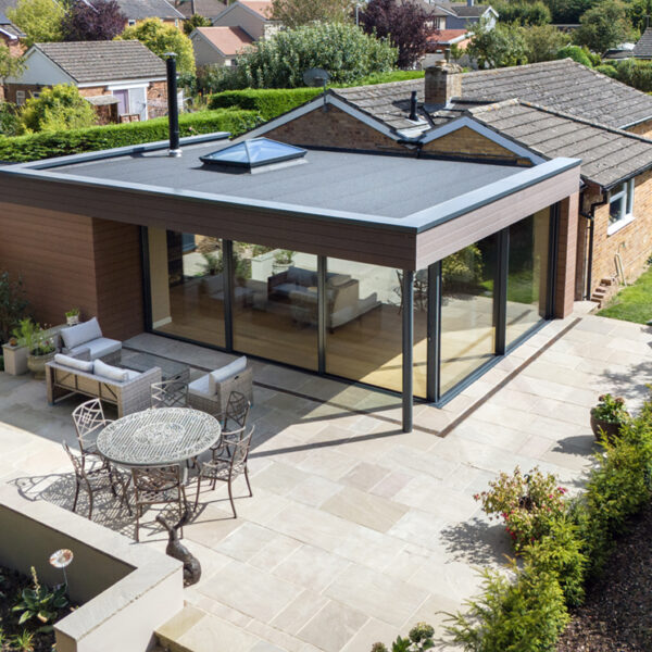 Bungalow renovation with sliding doors aerial shot